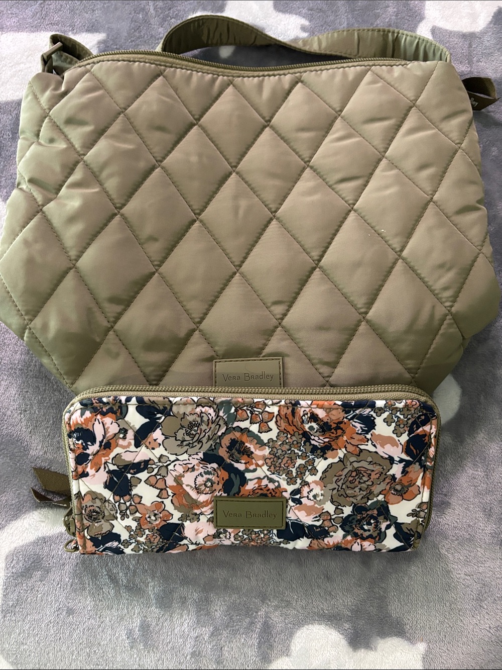 Vera Bradley Quilted Olive Shoulder Bag with Floral Wallet